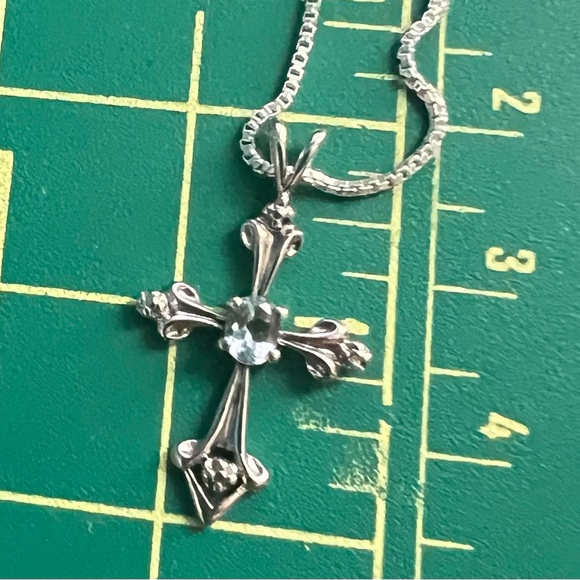 Aquamarine and Sterling Silver Cross Necklace Box Chain 30 in Long - Picture 4 of 4